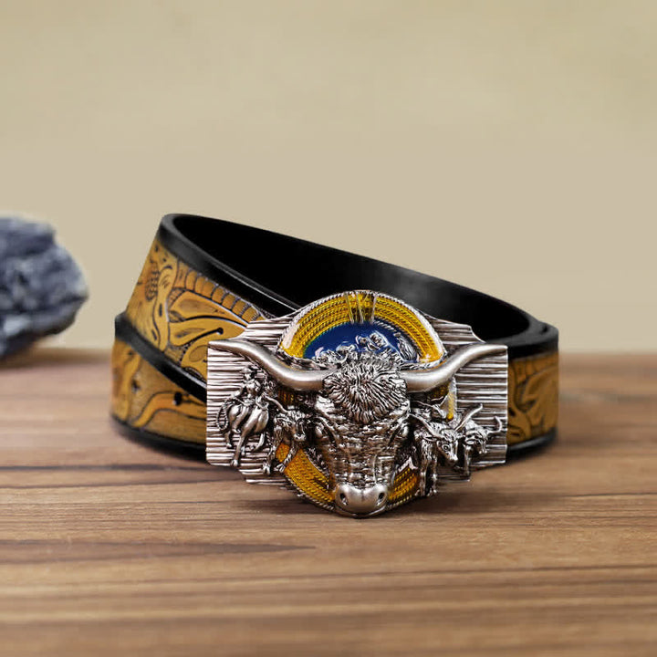 Men's DIY Domineering Longhorn Bull Buckle Leather Belt - Bull - SandyBrown Belt (40) - image 12