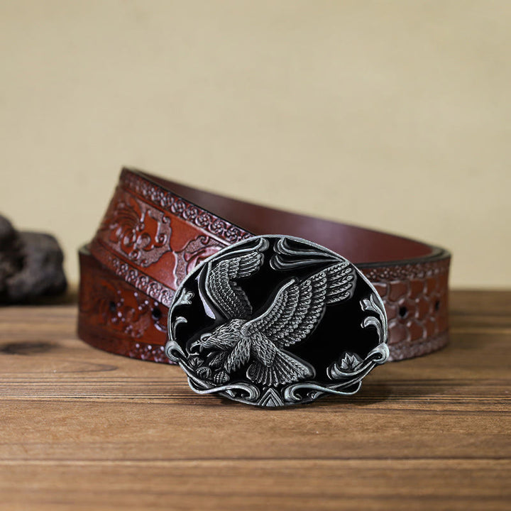 Men's DIY Spreading Wings Eagle Freedom Buckle Leather Belt - Eagle - Brown Carved Belt (40) - image 8