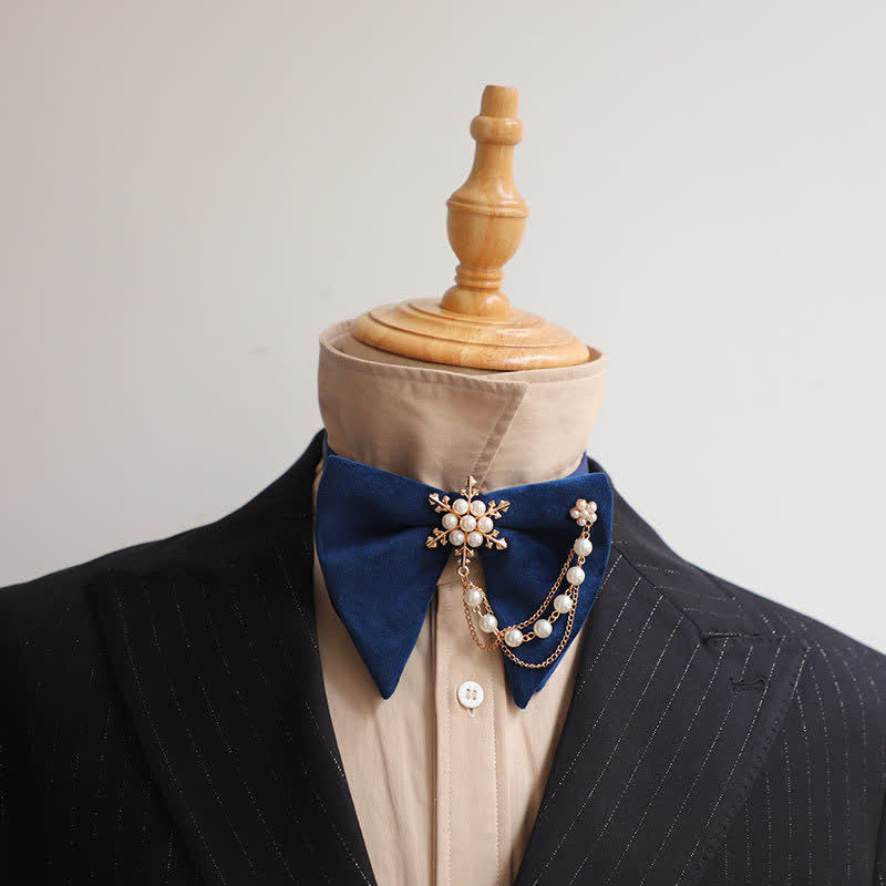Men's Snowflake Pearl Chain Velvet Bow Tie Pocket Square