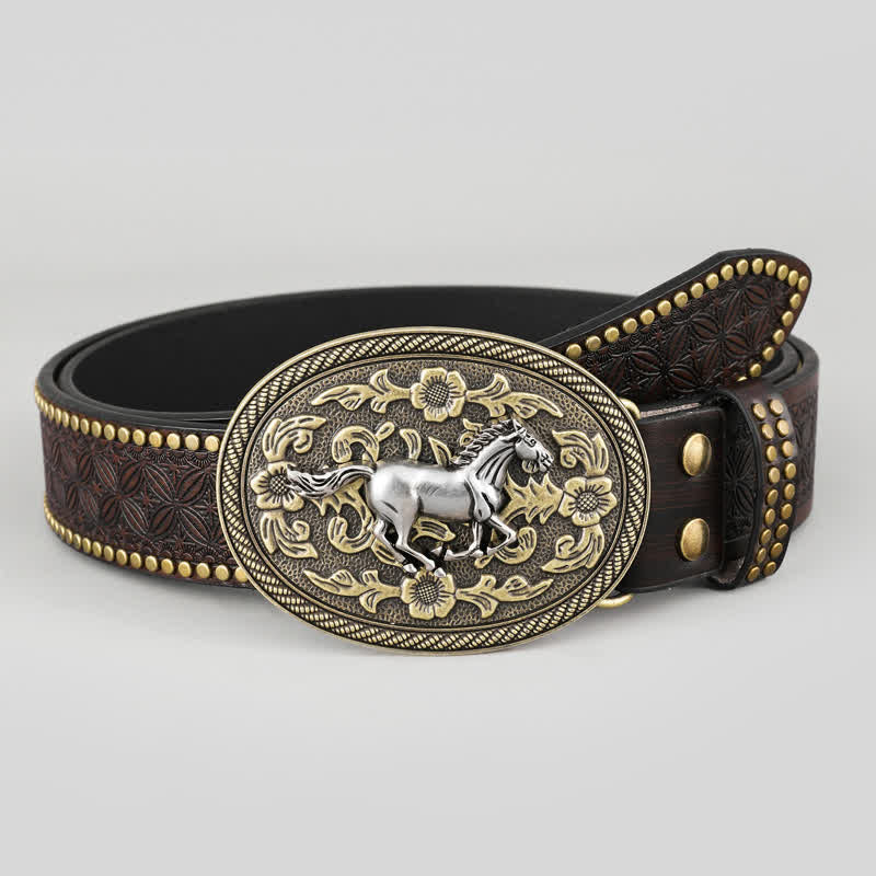Men's Strong Horse Floral Buckle Leather Belt - image 1