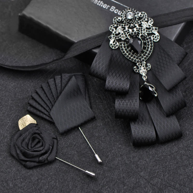 3Pcs Plaid Black Rhinestone Bow Tie Set - Black Lattice - image 7