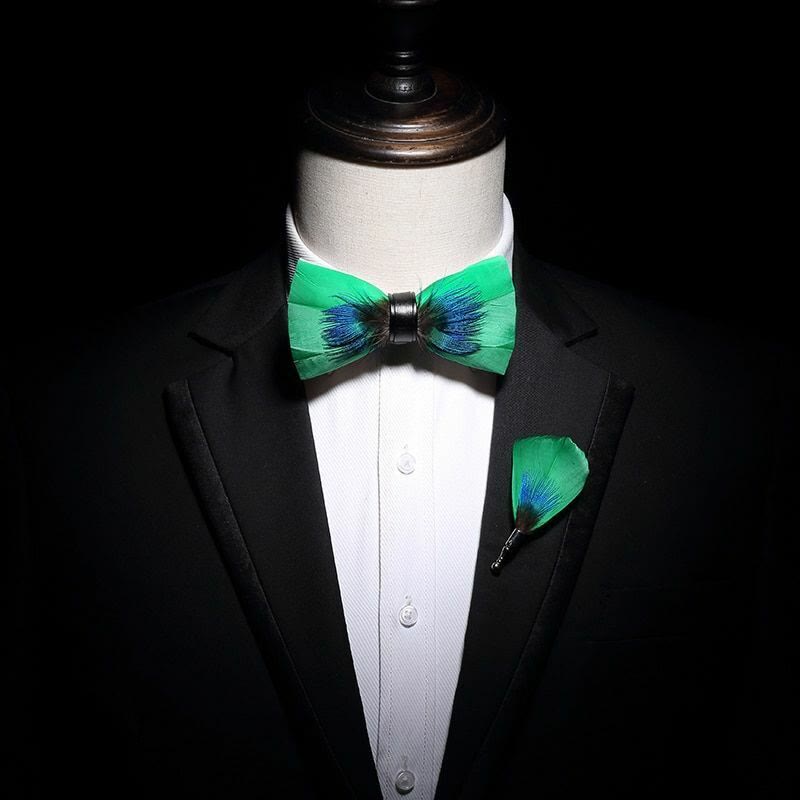 Blue & Green Novelty Feather Bow Tie with Lapel Pin - image 2