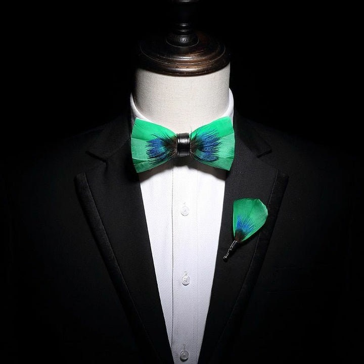 Blue & Green Novelty Feather Bow Tie with Lapel Pin - image 2