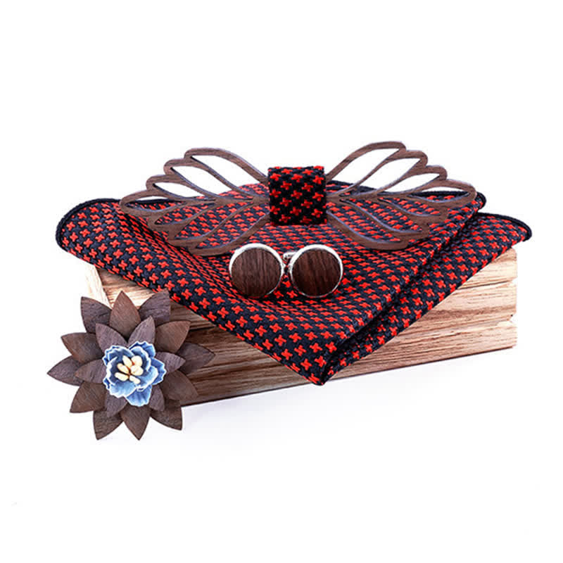 4Pcs Men's Hollow Leaves-shaped Wooden Bow Tie Set - Red Stars - image 12