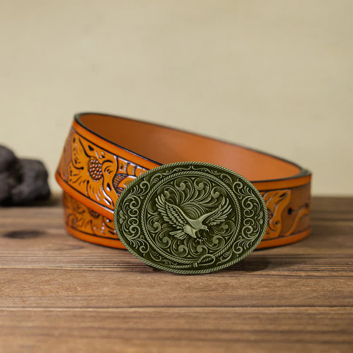 Men's DIY Soaring Eagle Engraved Floral Buckle Leather Belt - Antique Bronze - Orange Carved Belt (40) - image 23
