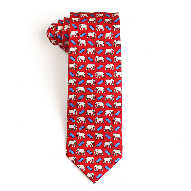 Men's Dancing Animal Motifs Pure Silk Necktie - Elephant - Red - image 17