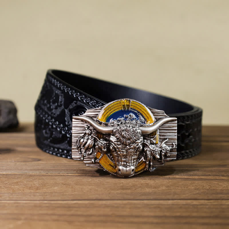 Men's DIY Domineering Longhorn Bull Buckle Leather Belt - Bull - Black Carved Belt (40) - image 8