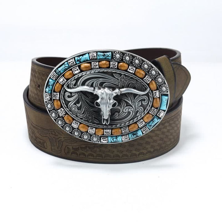 Men's Western Cowboy Turquoise Bull Leather Belt - Coffee / Silver - 40 - image 11