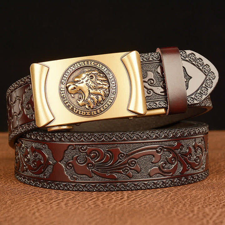 Men's Punk Lion Head Leather Belt - Gold & Brown - 46 - image 0