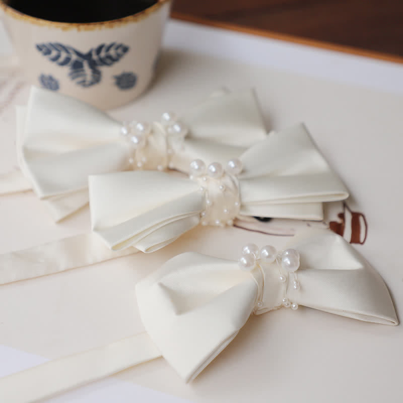 Men's Graceful Ivory White Pearls Flower Bow Tie - image 3