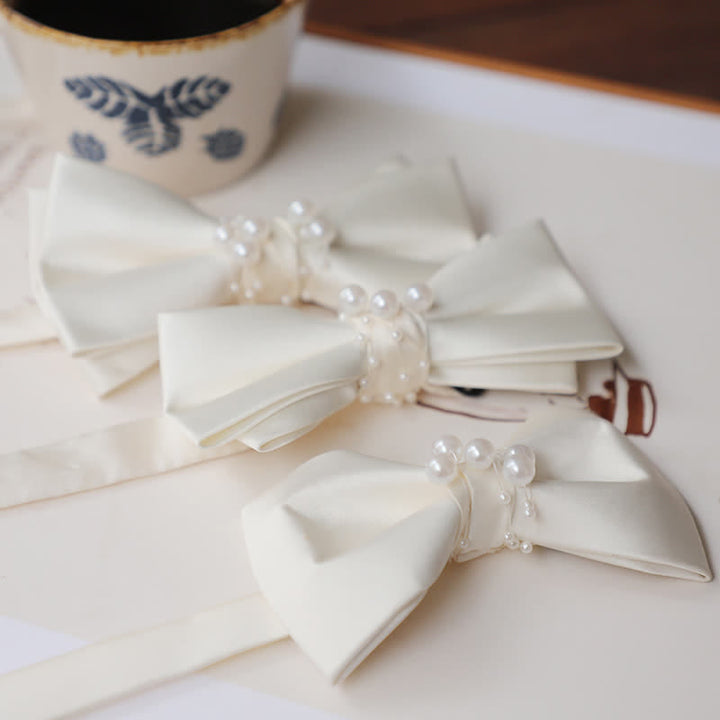 Men's Graceful Ivory White Pearls Flower Bow Tie - image 3