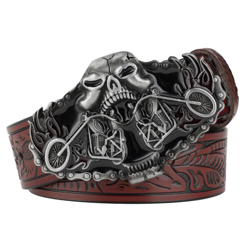 Men's Gothic Motorcycle Ghost Head Leather Belt - Brown / Silver - 46 - image 3