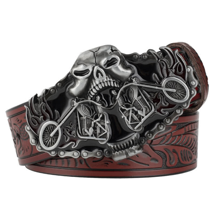 Men's Gothic Motorcycle Ghost Head Leather Belt - Brown / Silver - 46 - image 3