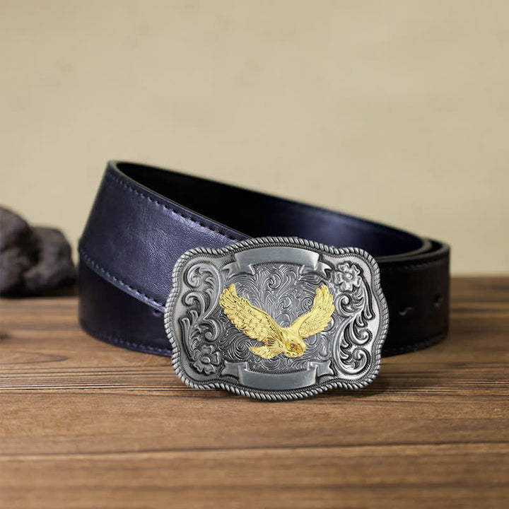 Men's DIY Gold Carving Animal Buckle Leather Belt - Eagle - Black PU Belt (40) - image 12