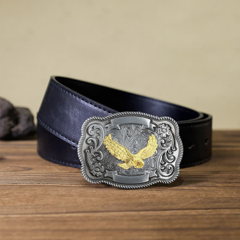 Men's DIY Gold Carving Animal Buckle Leather Belt - Eagle - Black PU Belt (40) - image 12