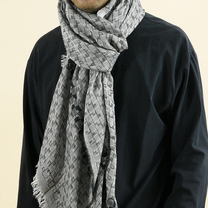 Men's Unique Crinkly Checkered Tassel Scarf - Black - image 8