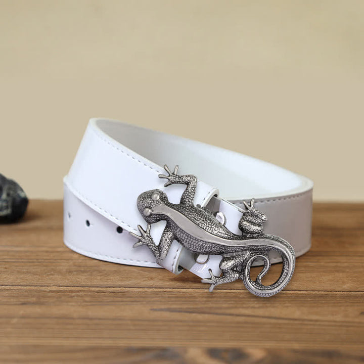 Men's DIY Unique Animal Silver Lizard Buckle Leather Belt - Lizard - White PU Belt (40) - image 6