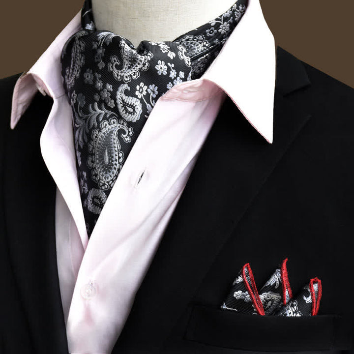 2Pcs Black&White Luxury Floral Paisley Pocket Square and Cravat Set - Black&White - image 0