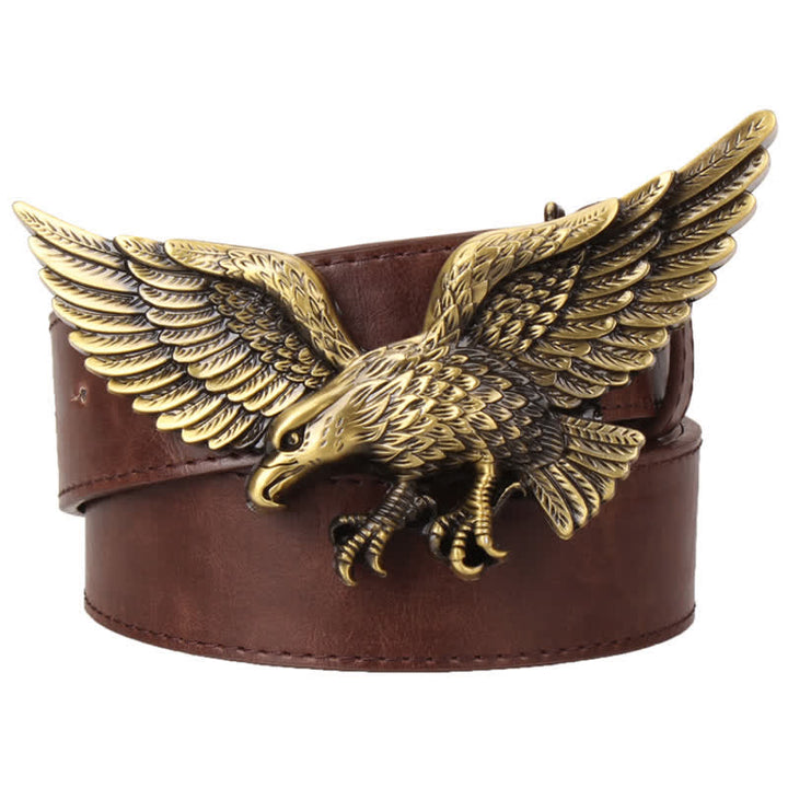 Men's Personality Large Flying Eagle Buckle Leather Belt - Brown / Gold - 40 - image 4