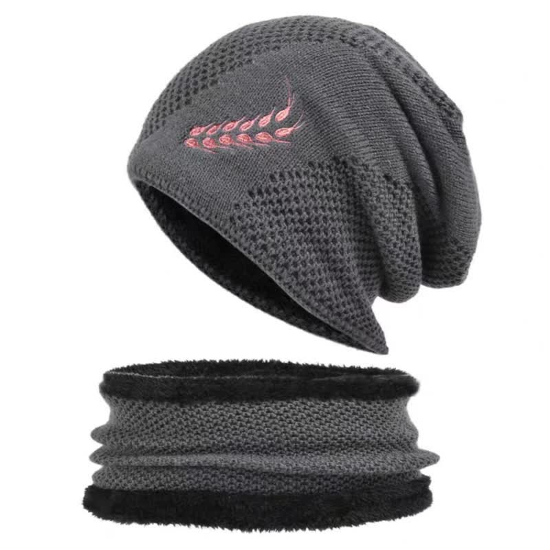 2Pcs Embroidered Wheat Beanie Hat Neck Warmer Set - Gray - Adjustable (22"-23 5/8") - image 1