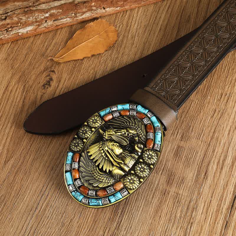 Men's Boho Indian Art Turquoise Leather Belt - image 3