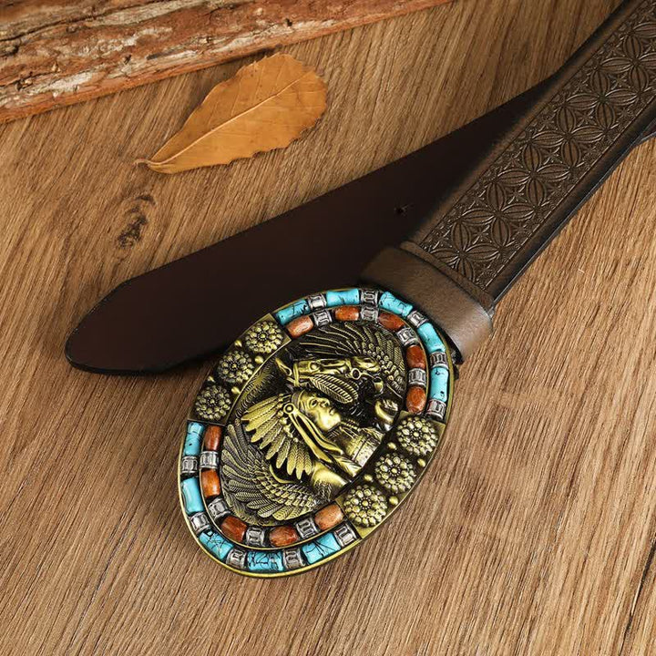 Men's Boho Indian Art Turquoise Leather Belt - image 3