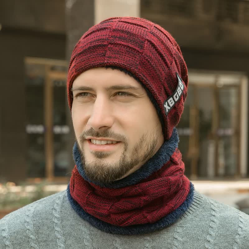 Winter Plaid Knit Beanie Hat Scarf Set - Hat & Neck Gaiter - Burgundy - Adjustable (22"-23 5/8") - image 9