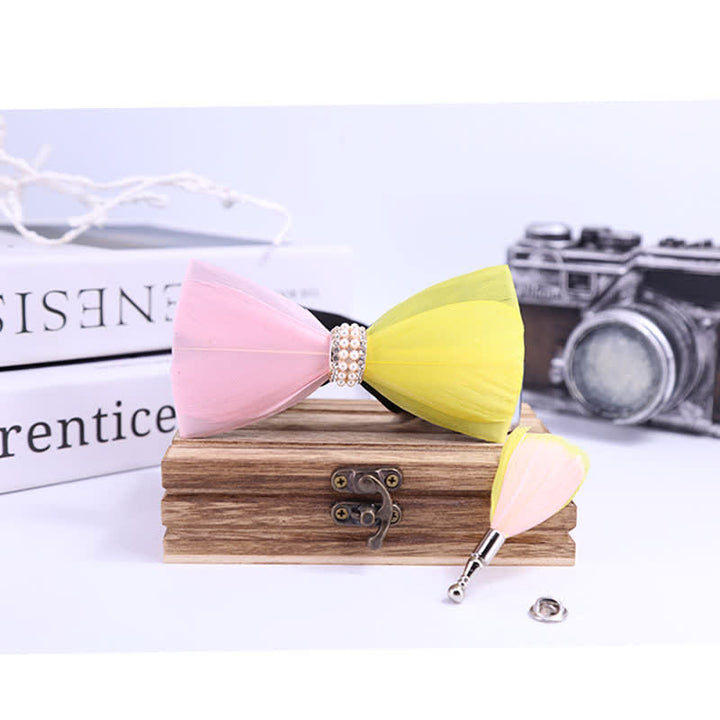 Pink & Yellow Shiny Pearl Feather Bow Tie with Lapel Pin - image 2