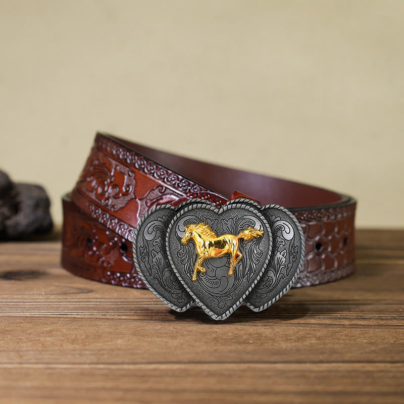 Men's DIY Horse Triple Heart Shaped Buckle Leather Belt - Horse - Brown Carved Belt (40) - image 9