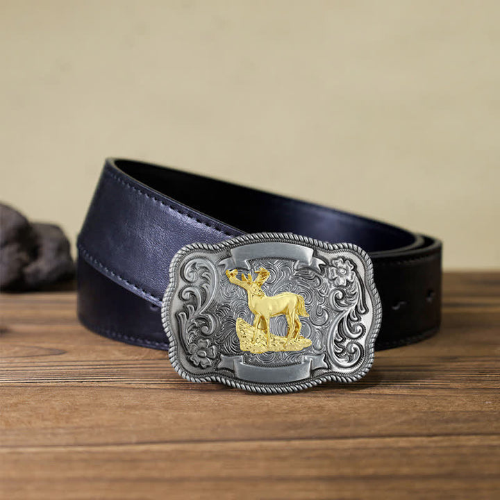 Men's DIY Gold Carving Animal Buckle Leather Belt - Deer - Black PU Belt (40) - image 30