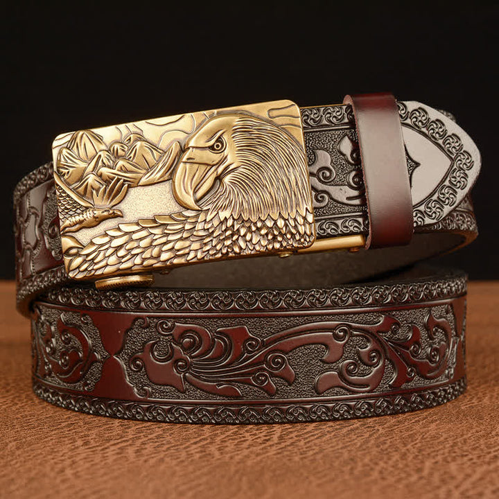 Men's Landscape Animal Eagle Leather Belt - Gold & Brown - 46 - image 0