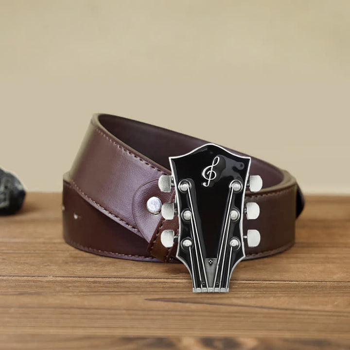 Men's DIY Musical Guitar Headstock Buckle Leather Belt - Black - Brown PU Belt (40) - image 17