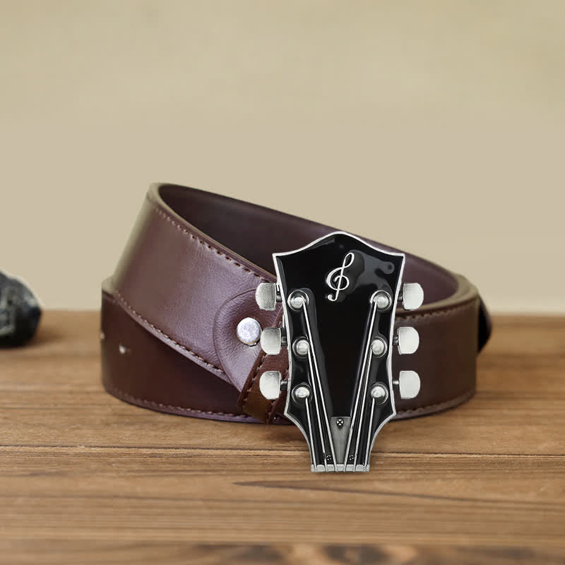 Men's DIY Musical Guitar Headstock Buckle Leather Belt - Black - Brown PU Belt (40) - image 17