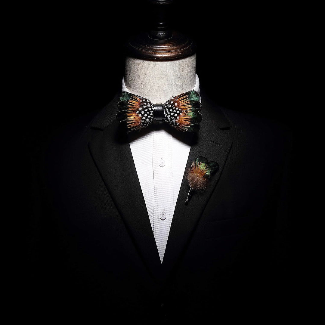 Kid's ForestGreen & Orange Vintage Feather Bow Tie with Lapel Pin - image 3