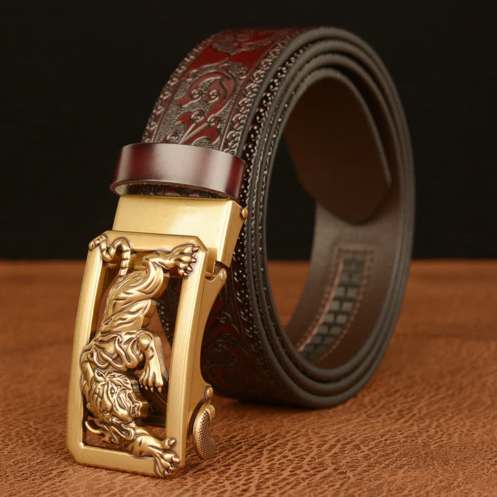 Men's Tiger Buckle Floral Embossed Leather Belt - image 1
