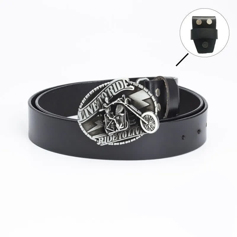 Men's Skeleton Motorcyclist Skull Leather Belt - Leather Linker - Black / Silver - 46 - image 2