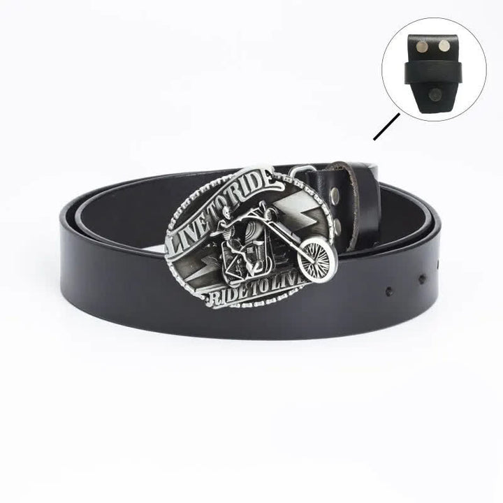 Men's Skeleton Motorcyclist Skull Leather Belt - Leather Linker - Black / Silver - 46 - image 2
