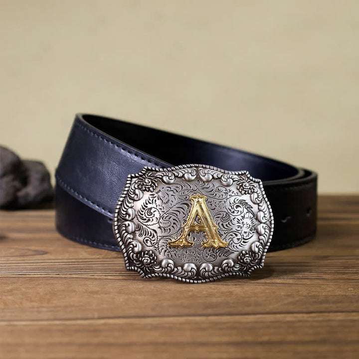 Men's DIY Alphabet Initial Letter Buckle Leather Belt - A - Black PU Belt (40) - image 2