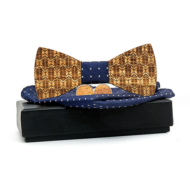 3Pcs Men's Carving Crown Wooden Bow Tie Set - Navyy Cross - image 8