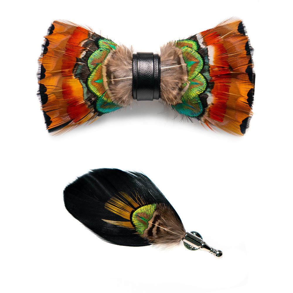 Orange Phoenix Feather Bow Tie with Lapel Pin - image 1