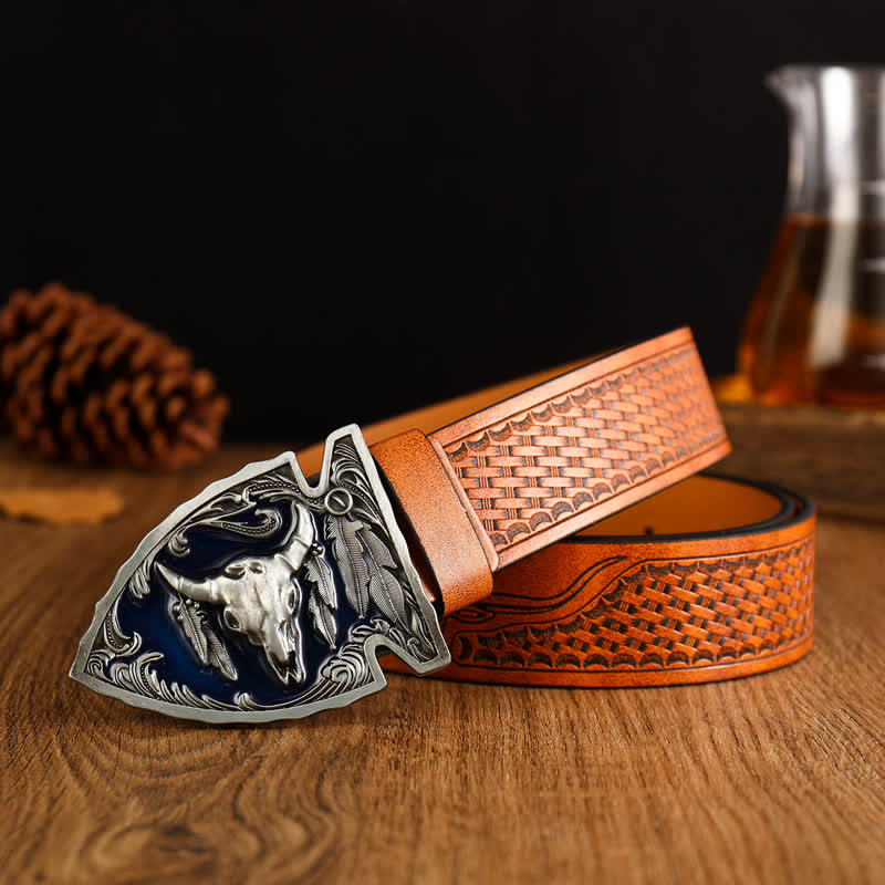 Men's Domineering Bull Head Ethnic Style Leather Belt - Brown / Silver #1 - 42 - image 0