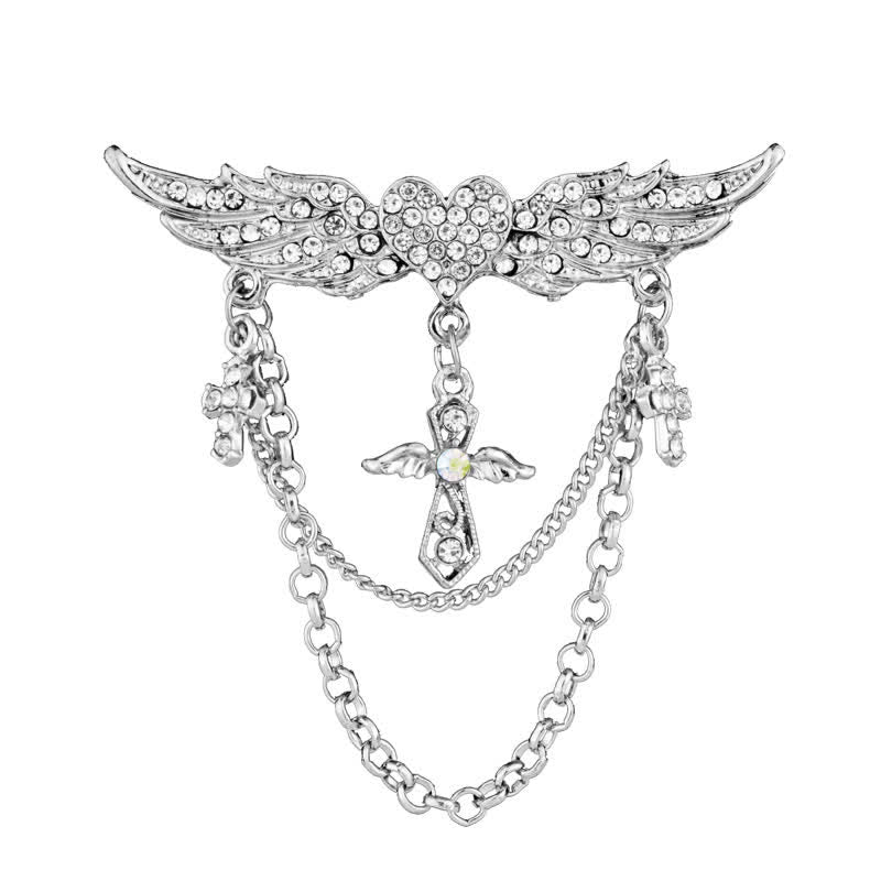 Men's Angel Wings Heart Cross Tassel Brooch - SIlver - image 5