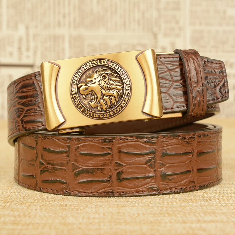 Men's Lion Head Alligator Pattern Leather Belt - Gold & Brown - 46 - image 7