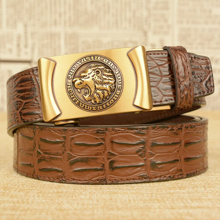 Men's Lion Head Alligator Pattern Leather Belt - Gold & Brown - 46 - image 7