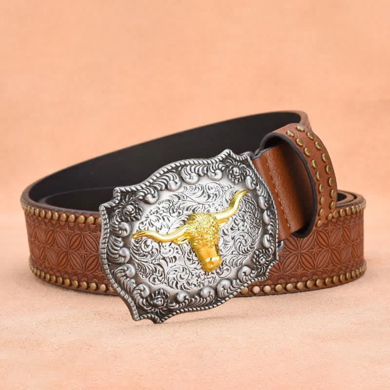 Men's Punk Rivet Gold Longhorn Bull Leather Belt - image 2