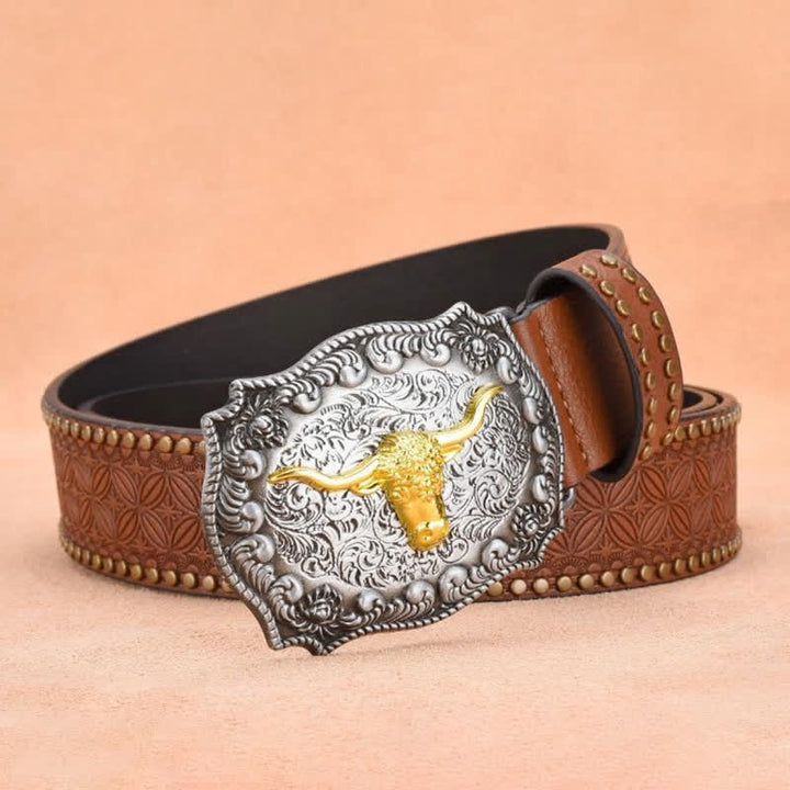 Men's Punk Rivet Gold Longhorn Bull Leather Belt - image 2