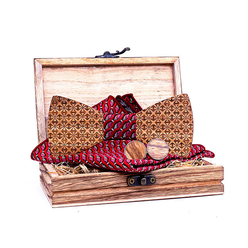 3Pcs Men's Christmas Snowflakes Wooden Bow Tie Set - Red - image 0