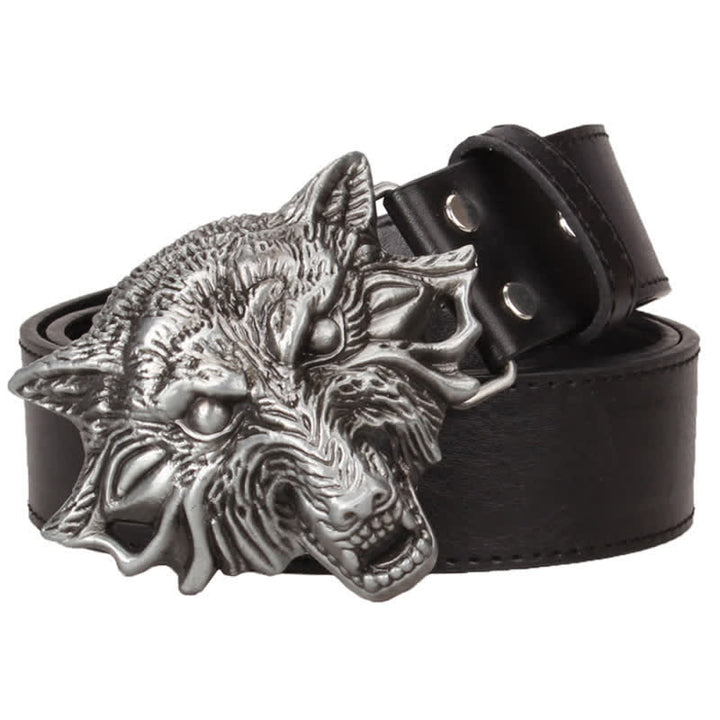 Men's Fierce Wolf Head Engraving Animals Leather Belt - image 0