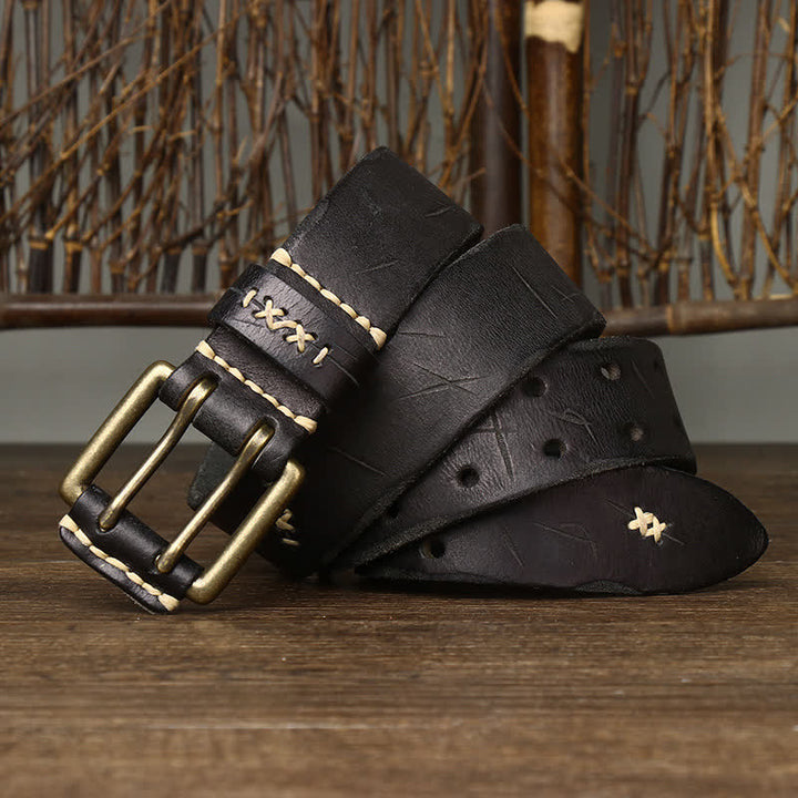 Men's Distressed Double Needle Buckle Leather Belt - image 7