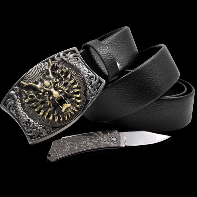 Men's Brave Dragon Leather Belt With Folding Knife - Dragon - 46 - image 0